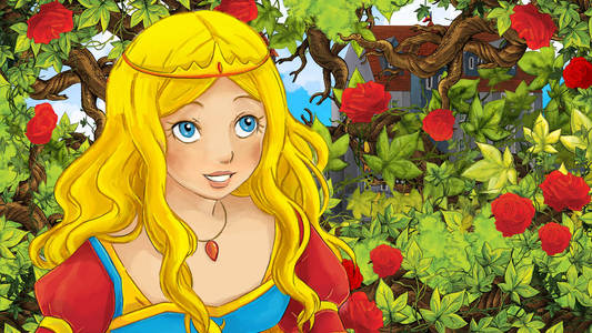美丽的公主的卡通场面在庭院里城堡在背景例证为孩子