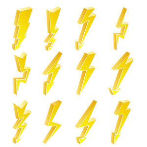 3d 闪电图标矢量集。卡通黄色闪电孤立的插图。危险，能源图标。闪电