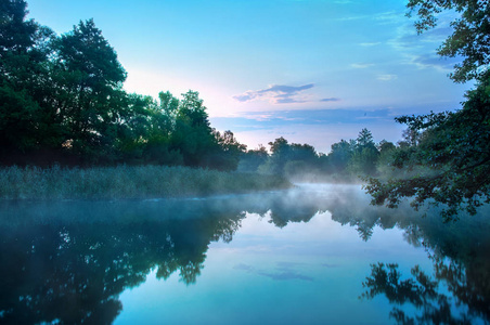 在静静的河面上的晨雾