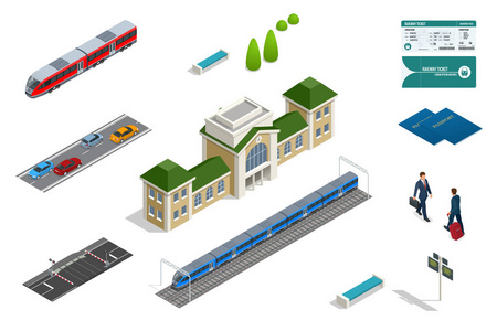 矢量等距设置铁路对象 建筑物 植物 车 道路其他城市项目和元素。地铁列车集合。车辆设计来运送大量的乘客