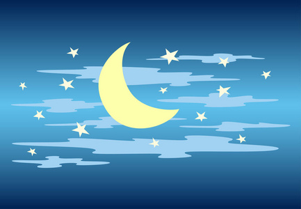 夜晚的天空。月亮 云彩和星。矢量