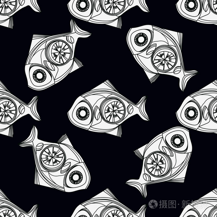 绘制的一条鱼蒸汽朋克的黑色和白色.无缝