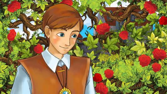 美丽的王子的卡通场面在庭院里城堡在背景例证为孩子