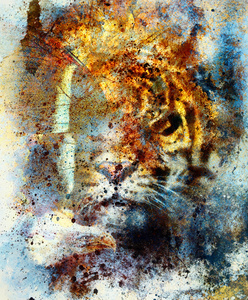温柔的肖像老虎与老鹰和的翅膀。彩色抽象背景和复古，复古的结构。动物的概念。蓝色 橙色 黑色和白色的颜色