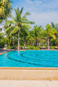 游泳池与棕榈树和海