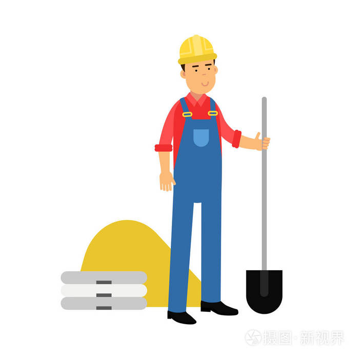 男性的施工工人字符站在一起铲卡通矢量图
