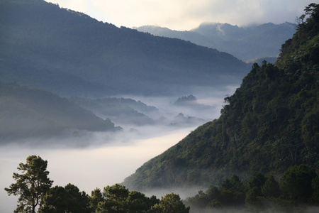 在清迈安康山雾的早晨日出 泰国