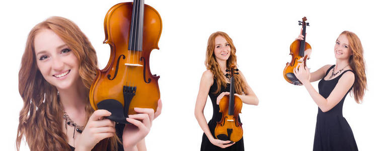 女人用白色上孤立的小提琴