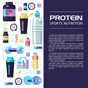 运动营养。蛋白质，呼风唤雨，哑铃，能量饮料。矢量图。设计元素集