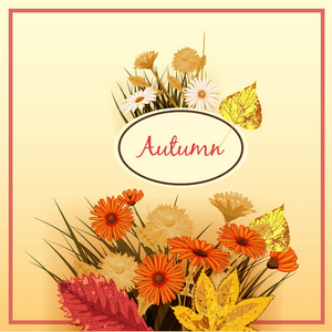 美丽的秋花, 树叶, 花束, 黄色, 棕色, 橙色, 矢量, 插图, 横幅
