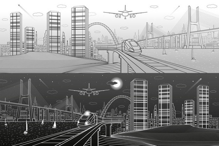 基础设施和运输的全景。火车在铁路上移动。飞机飞行。大型斜拉桥。现代夜城 塔和摩天大楼。黑暗与光明的背景上的皱纹。矢量设计艺术