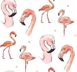 手绘制的矢量抽象的图形的粉红色的柔和的火烈鸟的热带的鸟无缝模式与写意孤立在白色背景上的纹理