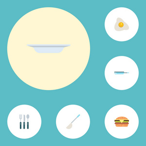 平面图标汤勺 煎锅 菜和其他向量元素。套烹平图标符号还包括汤 菜 炒对象
