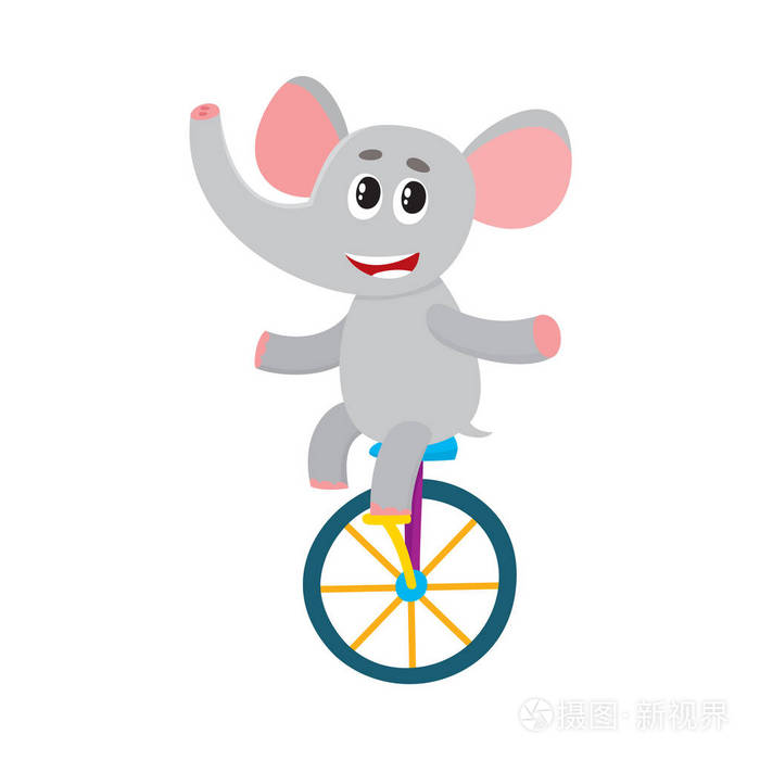 可爱的小象字符骑自行车骑自行车在独轮车上保持平衡