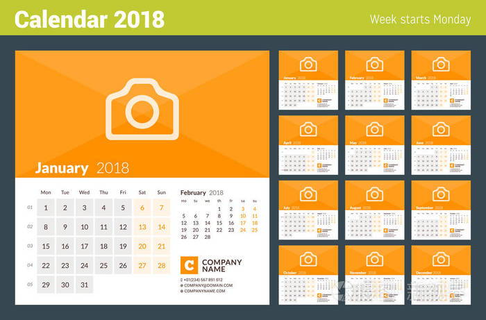 2018 年的日历.在周一的周开始.组的 12 个月.