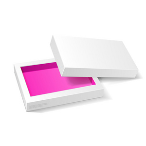 打开白色粉红色紫罗兰纸板包装模拟盒。 礼品