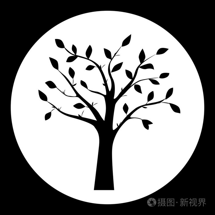 在圆形框架树剪影黑白矢量图