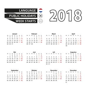 2018 年日历上荷兰语言。每周从星期一开始