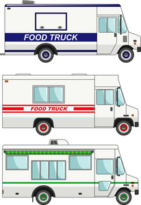食品的卡车在平面样式中的白色背景上隔离组。矢量图