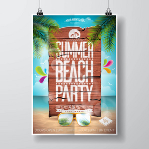 矢量夏日海滩聚会传单设计与印刷的元素，对木材纹理背景。夏季自然花卉元素和太阳镜