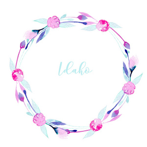 花环，圆环框架与简单水彩粉色野花和薄荷叶