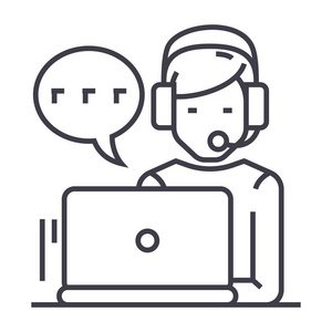 支持 客户服务 计算机和耳机和聊天的矢量线图标 标志 插图背景，可编辑笔触的男人