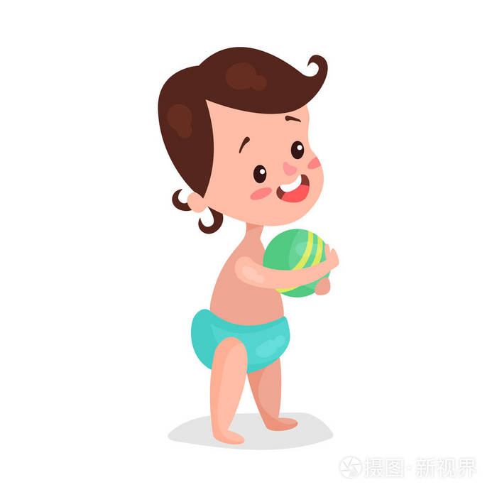 可爱的小男孩,穿着纸尿裤玩球卡通矢量图