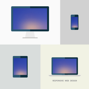 响应的 web 设计。台式机显示器 笔记本电脑 平板电脑和智能手机。模糊的背景