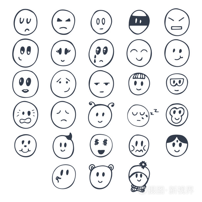 一组用不同表情绘制的滑稽面孔. 斯迈莱