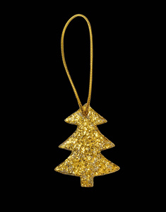 孤立在黑色的金色闪光圣诞杉木树装饰