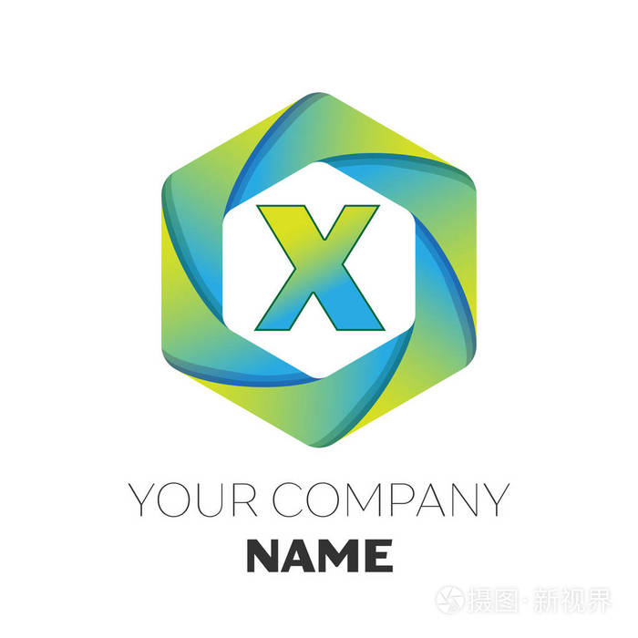 现实字母 x 矢量标志符号在五彩缤纷六角形的白色背景上.