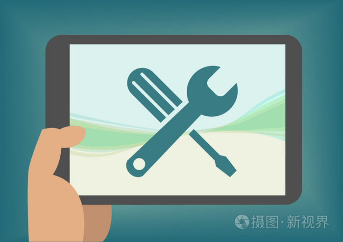 用手拿着平板电脑的移动应用程序开发工具箱的概念