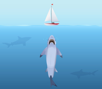 饥饿的鲨鱼与大颚攻击游艇从水中。
