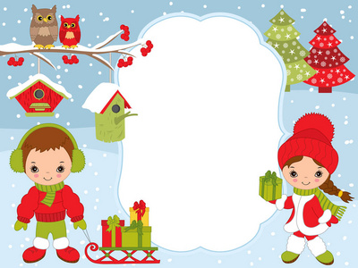 矢量圣诞节和新年卡模板与可爱的孩子们，猫头鹰，鸟屋和礼品盒。圣诞节和新年卡模板
