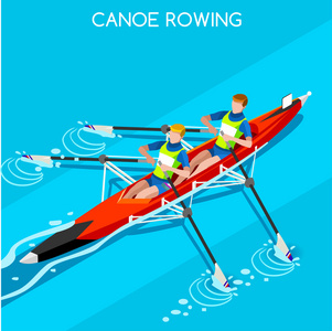 赛艇冲刺夏季运动会图标集。 3D等距独木舟