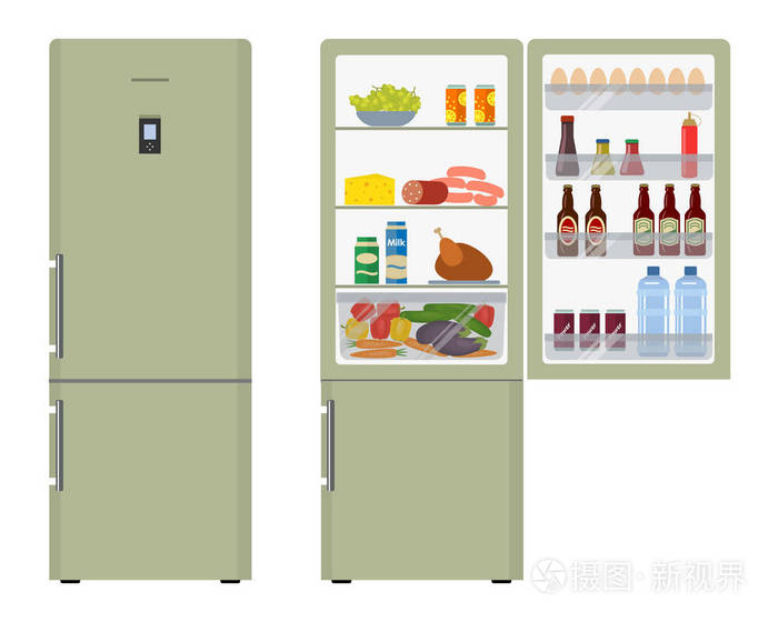 绿色冰箱打开门,一个充满了食物插画-正版商用图片0egnz6-摄图新视界