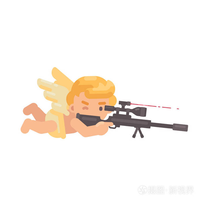 可爱的丘比特躺在射击狙击步枪.情人节平字插画