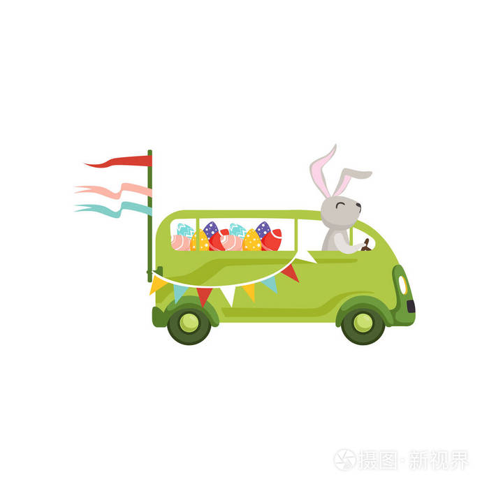 可爱的小兔子驾驶老式面包车车与彩色鸡蛋, 滑稽的兔子字符, 快乐的