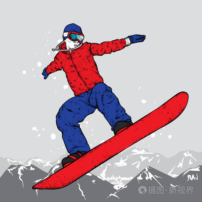 滑雪板在颜色鲜艳的衣服.矢量图.运动, 极限运动, 户外活动