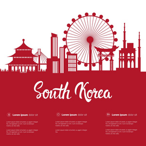 韩国地标剪影首尔著名建筑城市看法与纪念碑在白色背景与拷贝空间