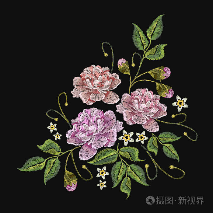 古典刺绣粉红色牡丹在黑色背景, 模板