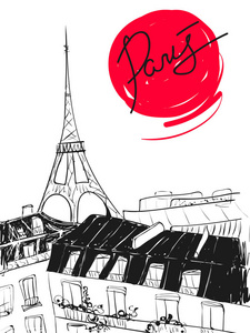 矢量手绘插画与埃菲尔铁塔, 屋顶和巴黎书法