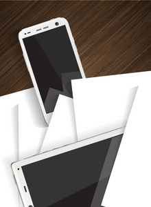 智能手机和平板电脑上的木桌上纸