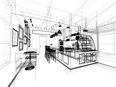 设计素描的咖啡厅，3dwire 帧渲染