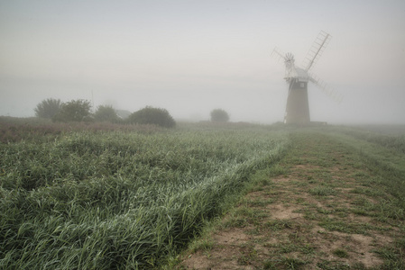 古老的风车在英格兰雾农村景观