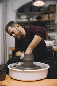 关闭详细视图在一个艺术家做泥陶器在旋转轮子