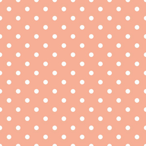 平铺矢量模式粉彩珊瑚橙色背景上的白色波尔卡圆点。