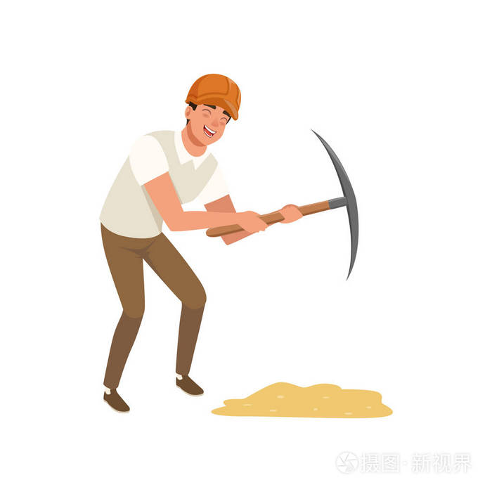卡通考古学家在防护头盔, 衬衫和裤子