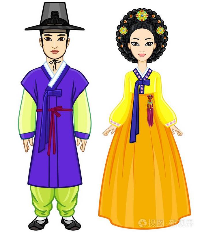 动画肖像年轻美丽的韩国家庭在古代的传统服装.充分增长.