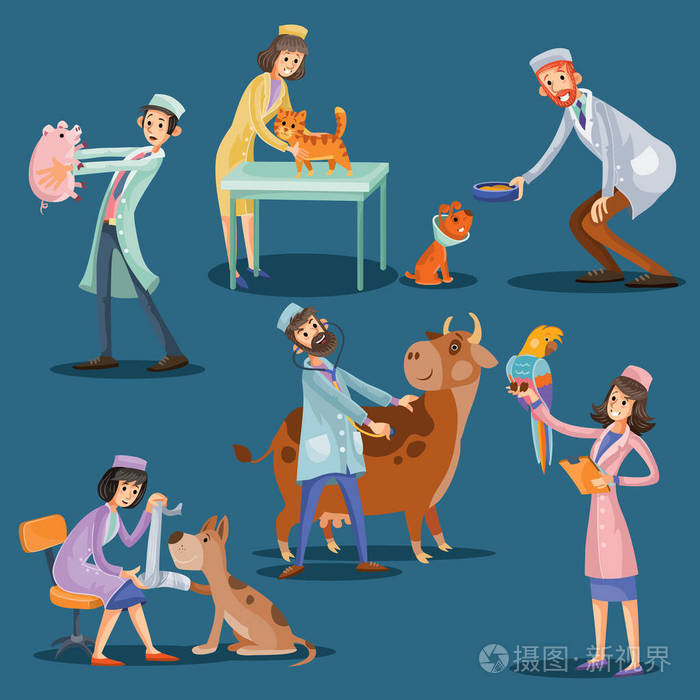 兽医与可爱的宠物卡通矢量插图